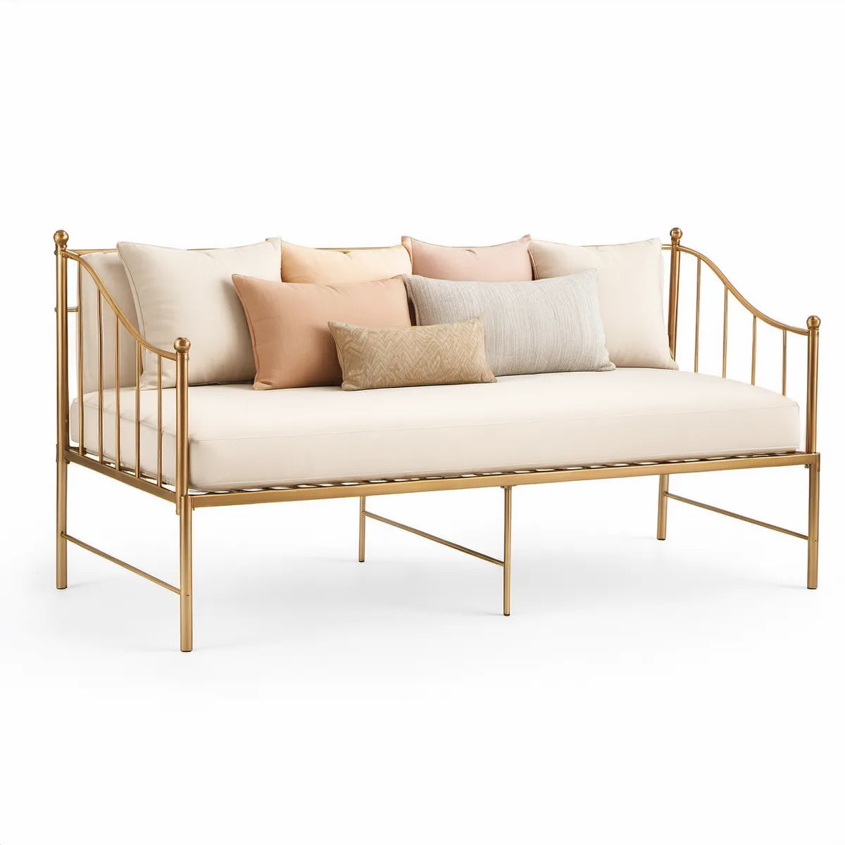 Daybed 198 x 96 x 90 cm med guldfarvet stålstel og cremefarvede hynder