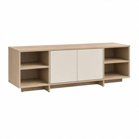 TV-bænk med 2 låger og 4 åbne rum i naturfarvet eg og hvid, 160 x 40 x 60 cm