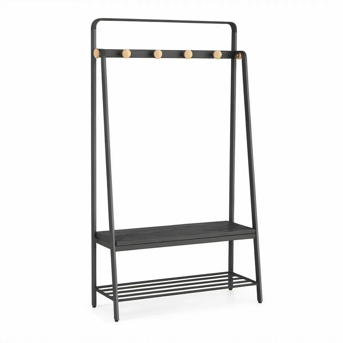 Fritstående garderobestativ med 6 knager, hylde og skostativ, 80 x 40 x 180 cm, sort/natur